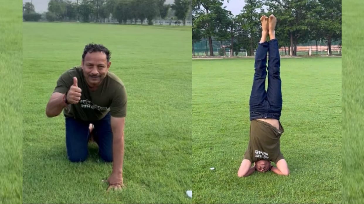 SP spokesperson wishes akhilesh yadav on his birthday by doing shirshasan.