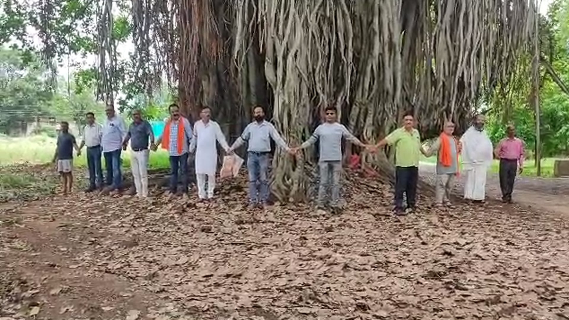 जीपीएम में पर्यावरण प्रेमियों ने पेड़ बचाने के लिए बरगद को बांधा रक्षा सूत्र।