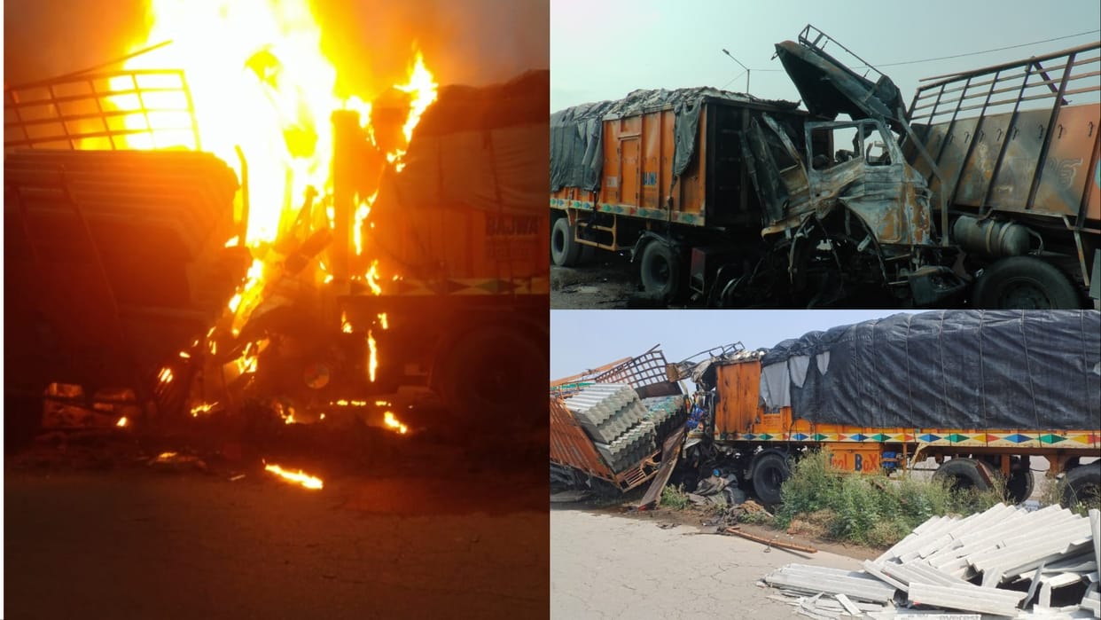 Driver burnt alive after collision between canter and truck in Ambala