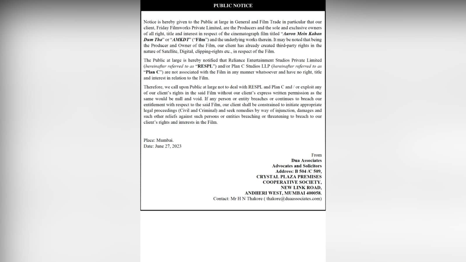 Auron Mein Kahan Dum Tha makers issue legal public notice reliance entertainment plan c studios