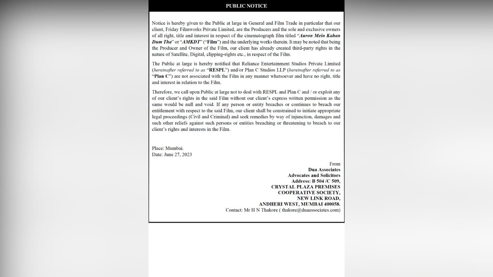 Auron Mein Kahan Dum Tha makers issue legal public notice reliance entertainment plan c studios