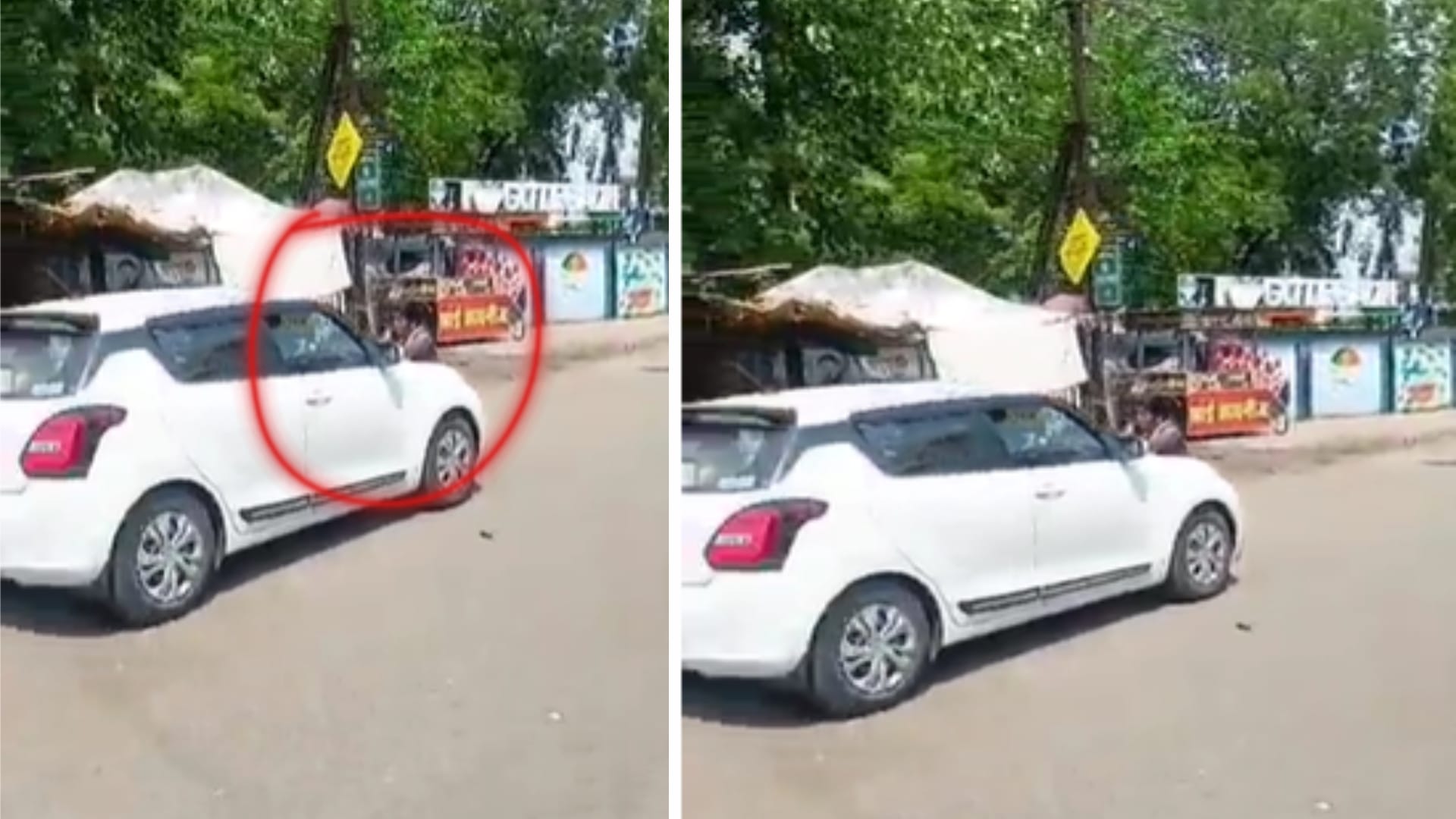 कार के बोनट पर चिपकी महिला