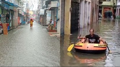 streets were flooded and youth was seen driving a boat during rampur rain