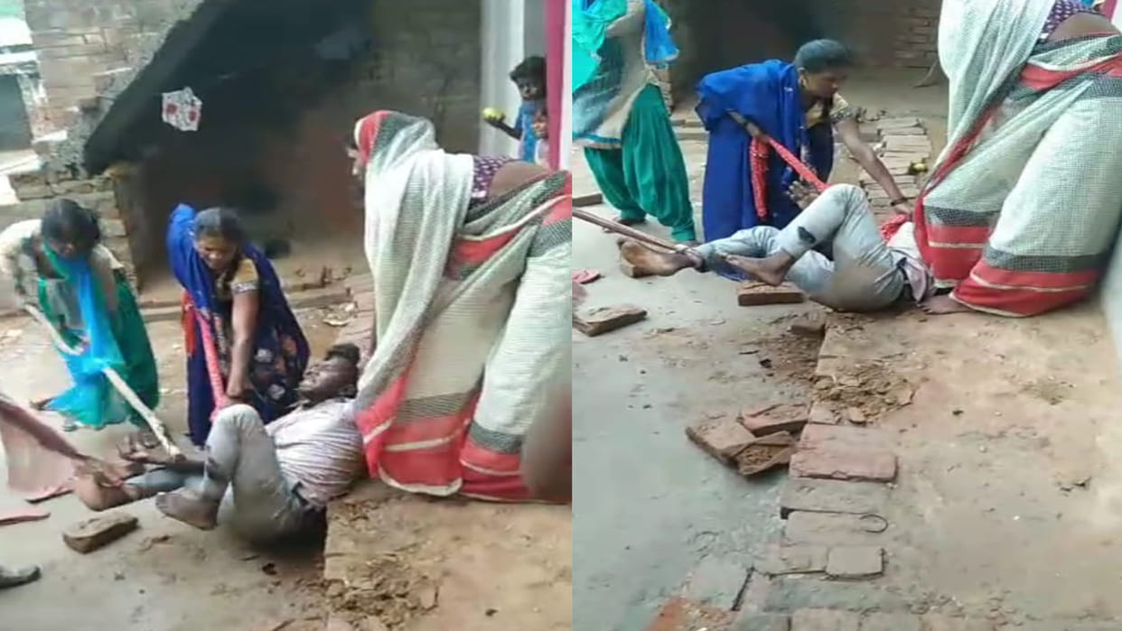 Wife beat husband with stick in kanpur dehat, video viral