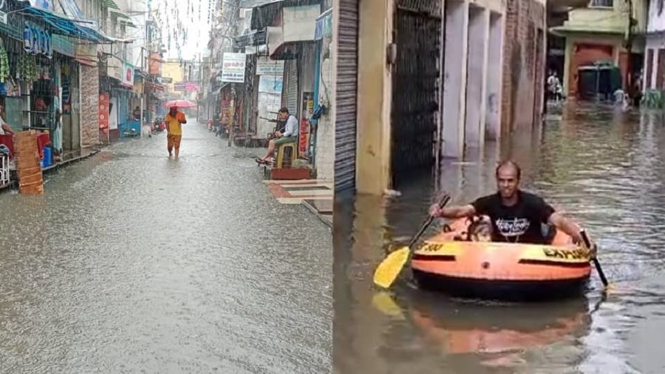streets were flooded and youth was seen driving a boat during rampur rain