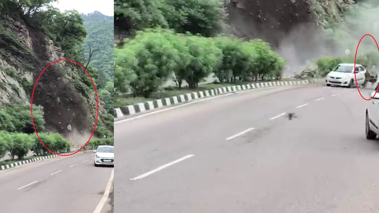 boulder fall on kalka shimla national highway narrow escape for car
