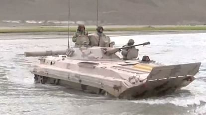 Indian Army tanks and combat vehicles carry out drills of crossing the Indus River in the eastern Ladakh area