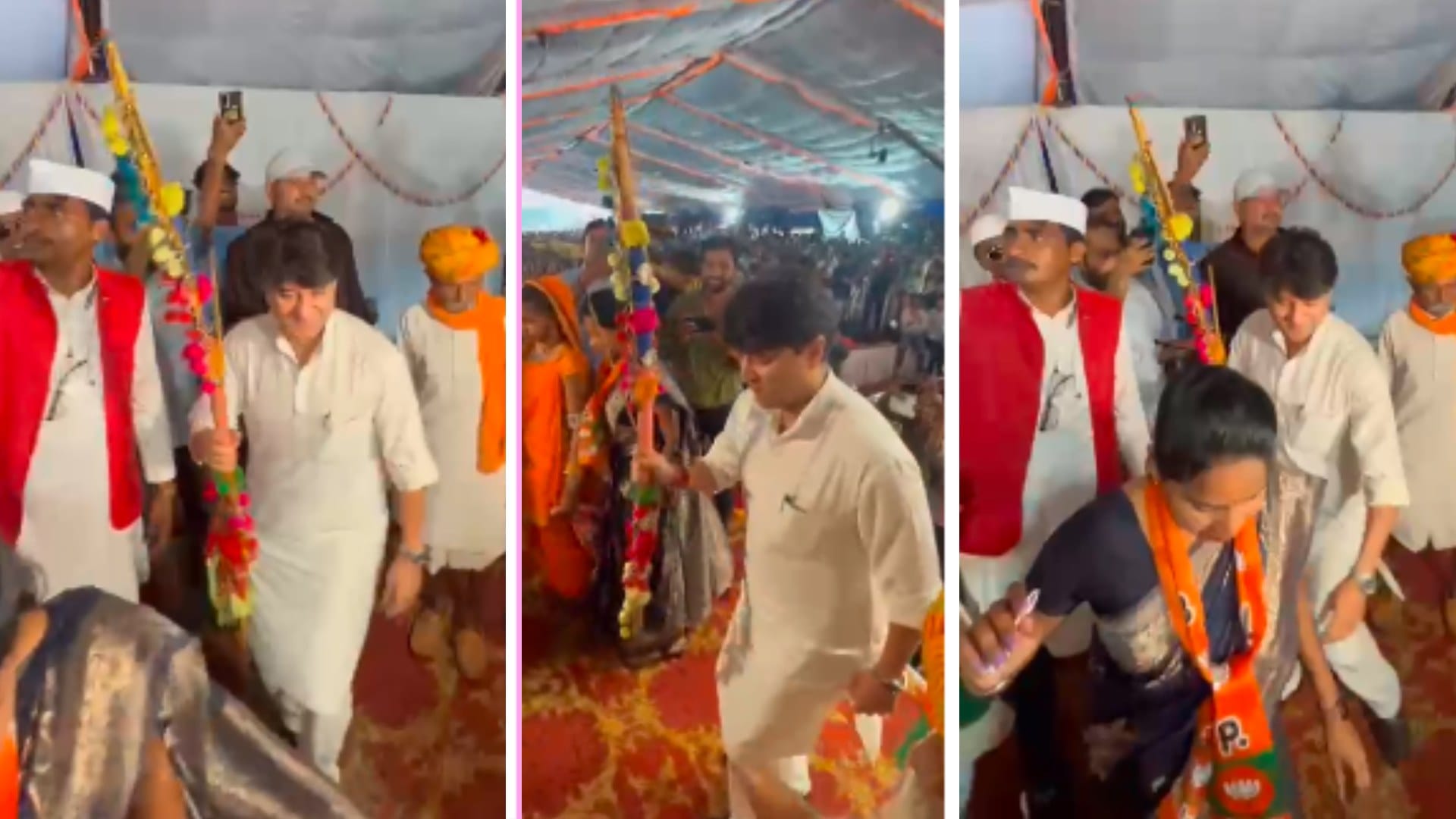 गुना में आदिवासी सम्मेलन में थिरकते केंद्रीय मंत्री सिंधिया।