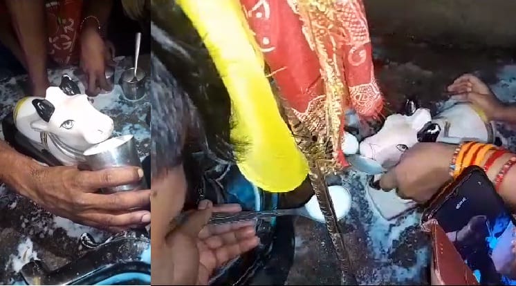 Sawan 2023, Nandi idol drinking milk in Hardoi, crowd of devotees thronged the temple, video also viral