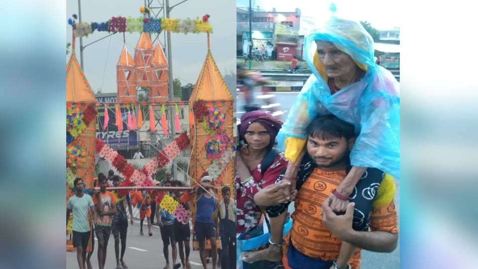 Kanwar Yatra 2023 Grandson From Mathura Carry grandmother on his Shoulder and reached Haridwar
