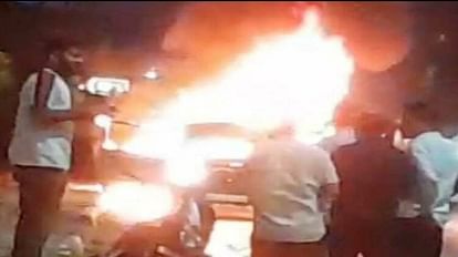 Fire broke out in moving car in Firozabad it was brought under control after lot of effort