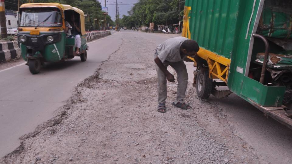 cemented road could not withstand even single rain in Agra potholes at many places