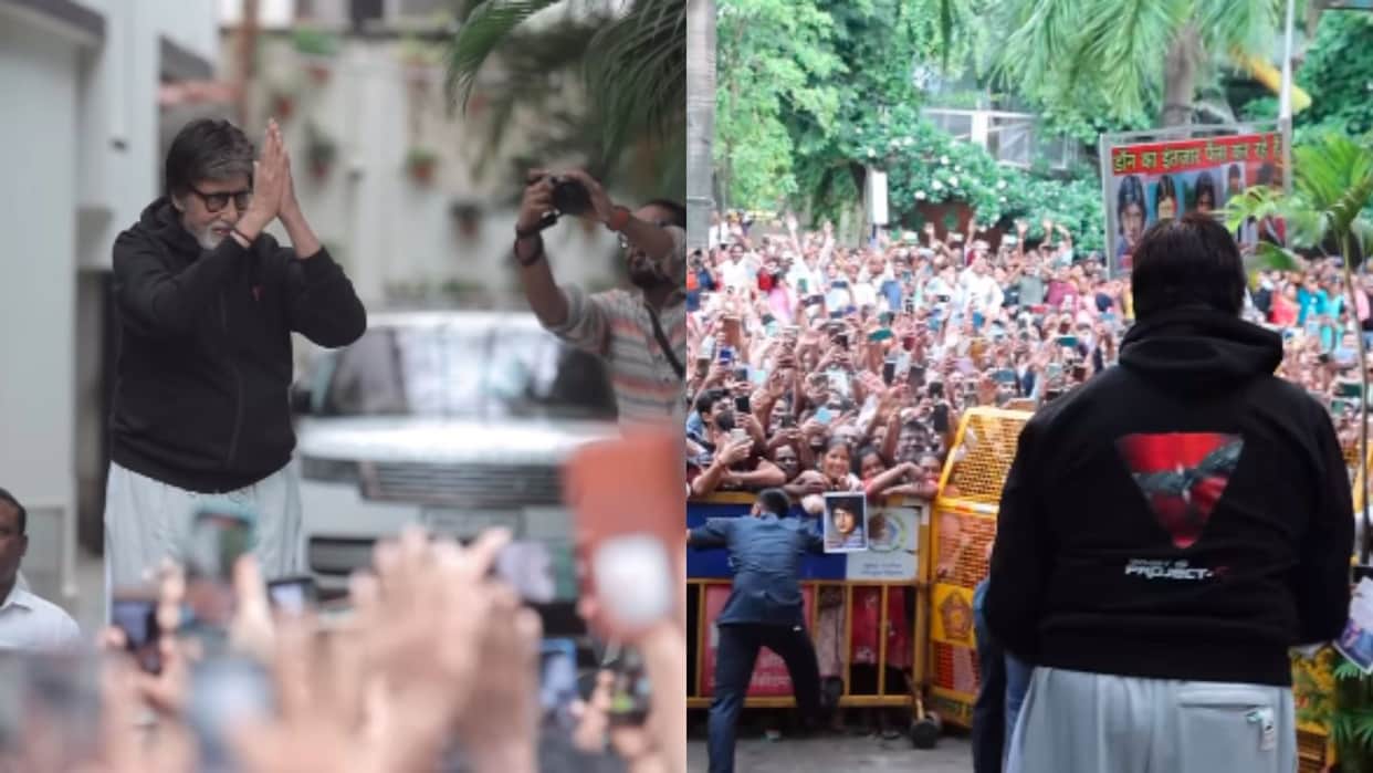 amitabh bachchan fans outside the jalsa big b meets wearing project k hoodie watch video