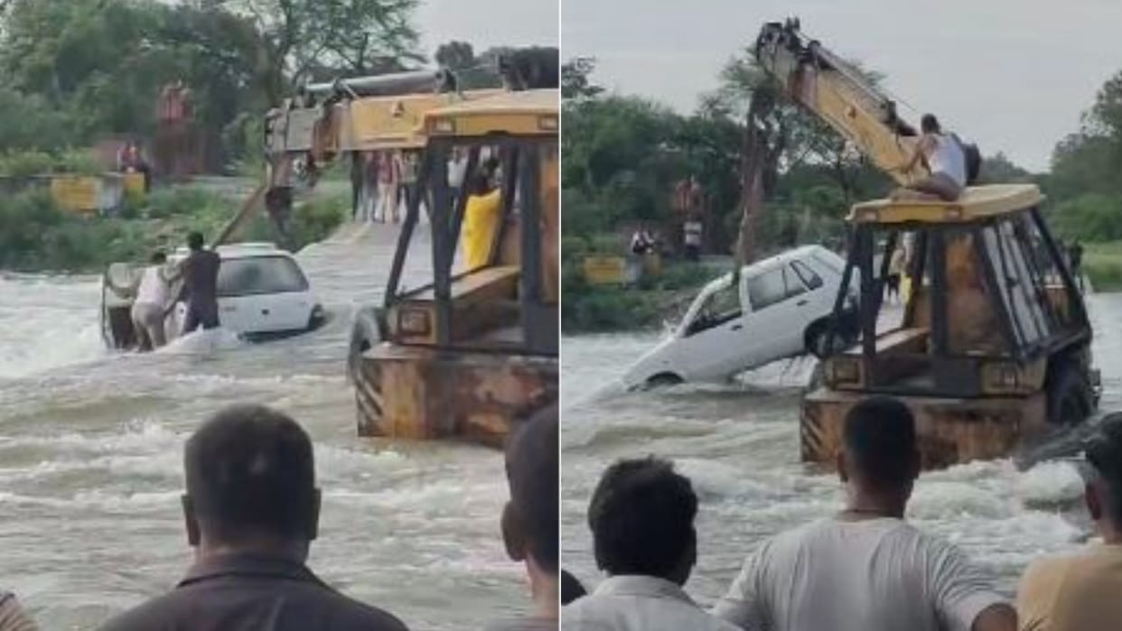 Car stuck on the bridge in Rajsamand due to rapid flow of Banas river
