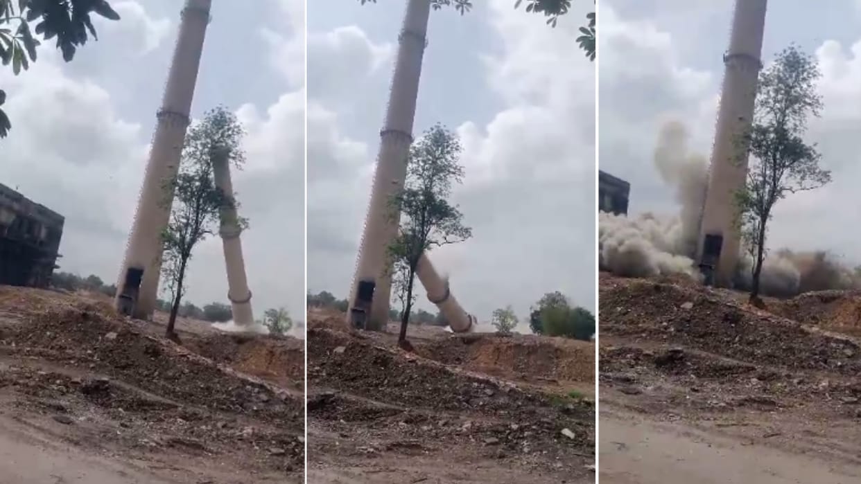 125 meter high chimney in the closed power plant of CSEB was demolished in korba