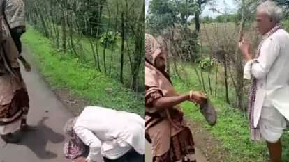 Guna News Woman thrashes old man with shoes in Guna