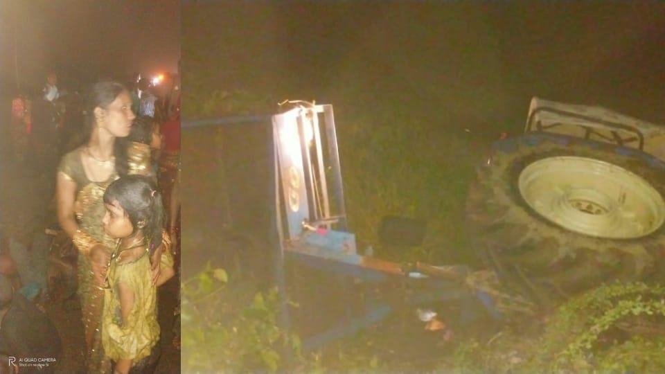 Tractor-trolley overturned in water-filled ditch due to truck collision