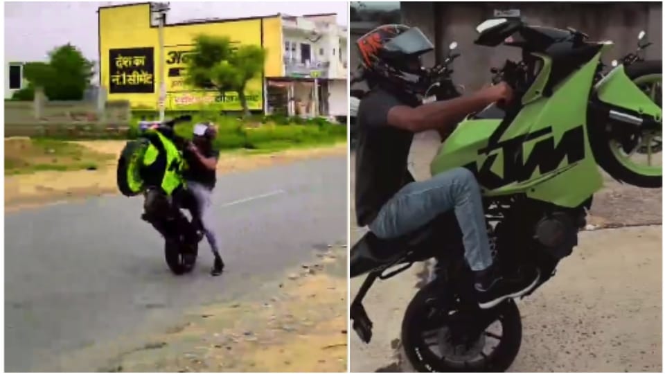Bike stunt in front of police station young man rode bike on one wheel in Jhunjhunu