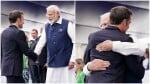 फ्रांस के राष्ट्रपति इमैनुएल मैक्रों भारतीय पीएम मोदी से मिलते हुए।
