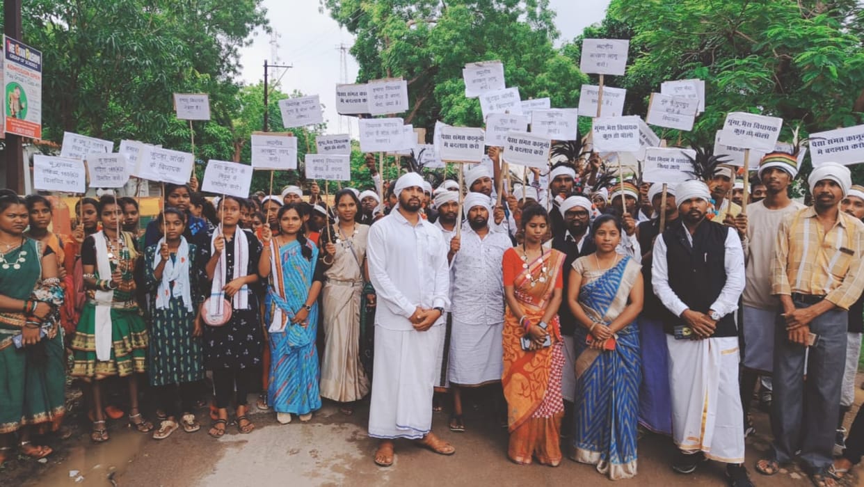 Tribals protest with drums for their demands in Kanker