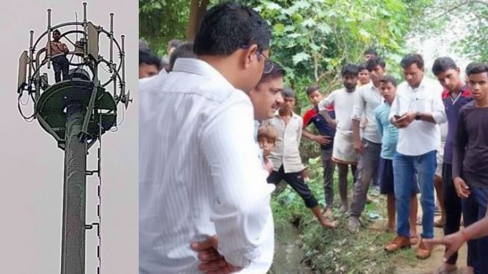 man climbed on tower, man protest, suicide threat, illegal occupation on road, budaun news, up news,