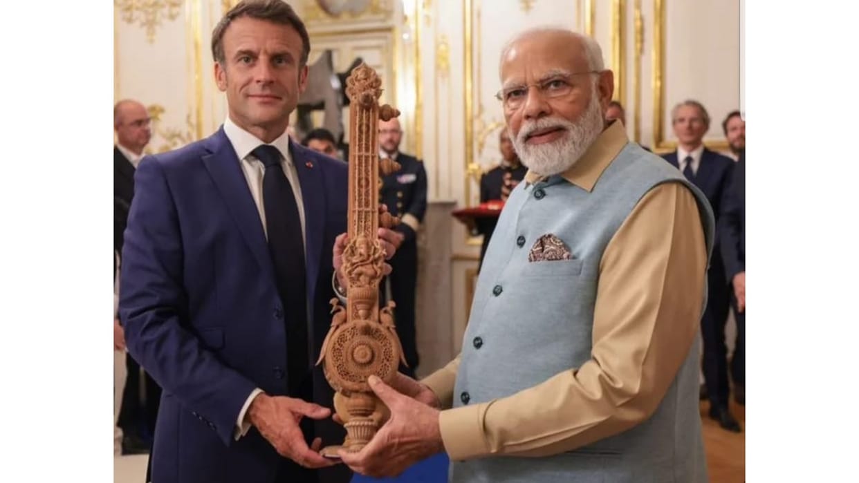 PM Narendra Modi presented Jaipur made Veena to French President Emmanuel Macron