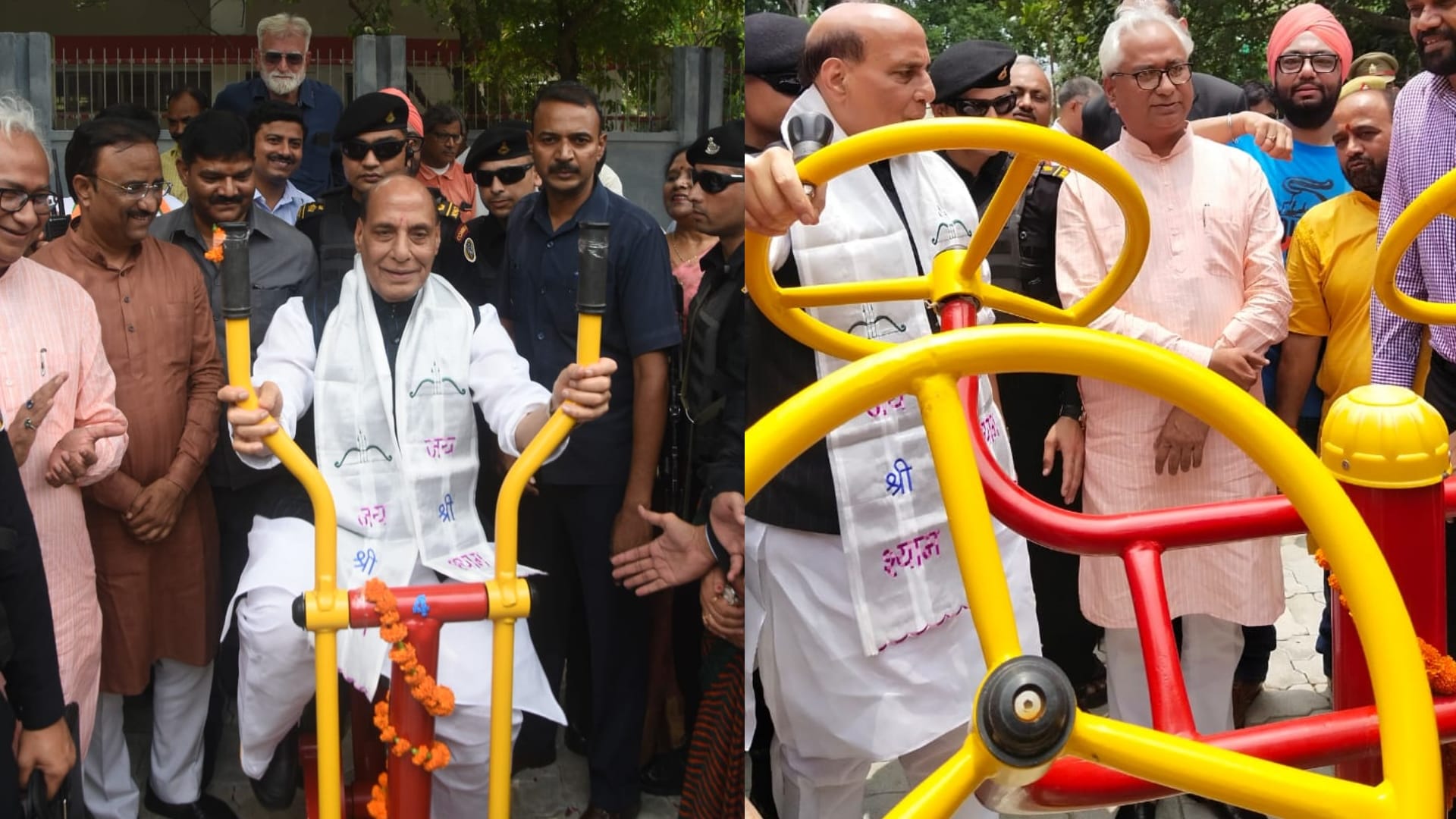 Defence minister rajnath Singh in Lucknow inaugrates the open gym.