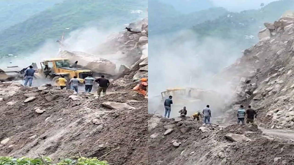 Giant boulders suddenly fell from the hill, JCB machine damaged, workers injured