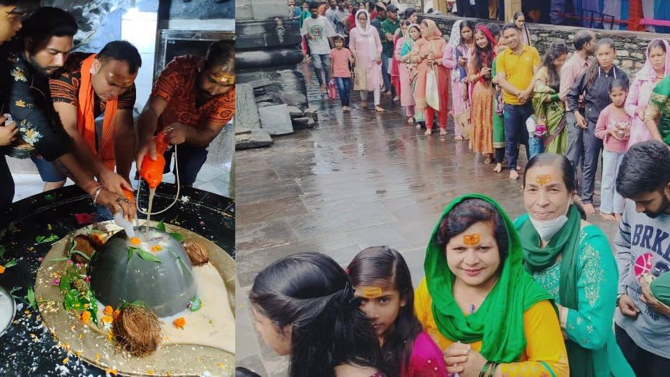 Sawan Somwar 2023 first Monday in hilly areas of Uttarakhand crowd for Jalabhishek in Lord shiva Temple Photos
