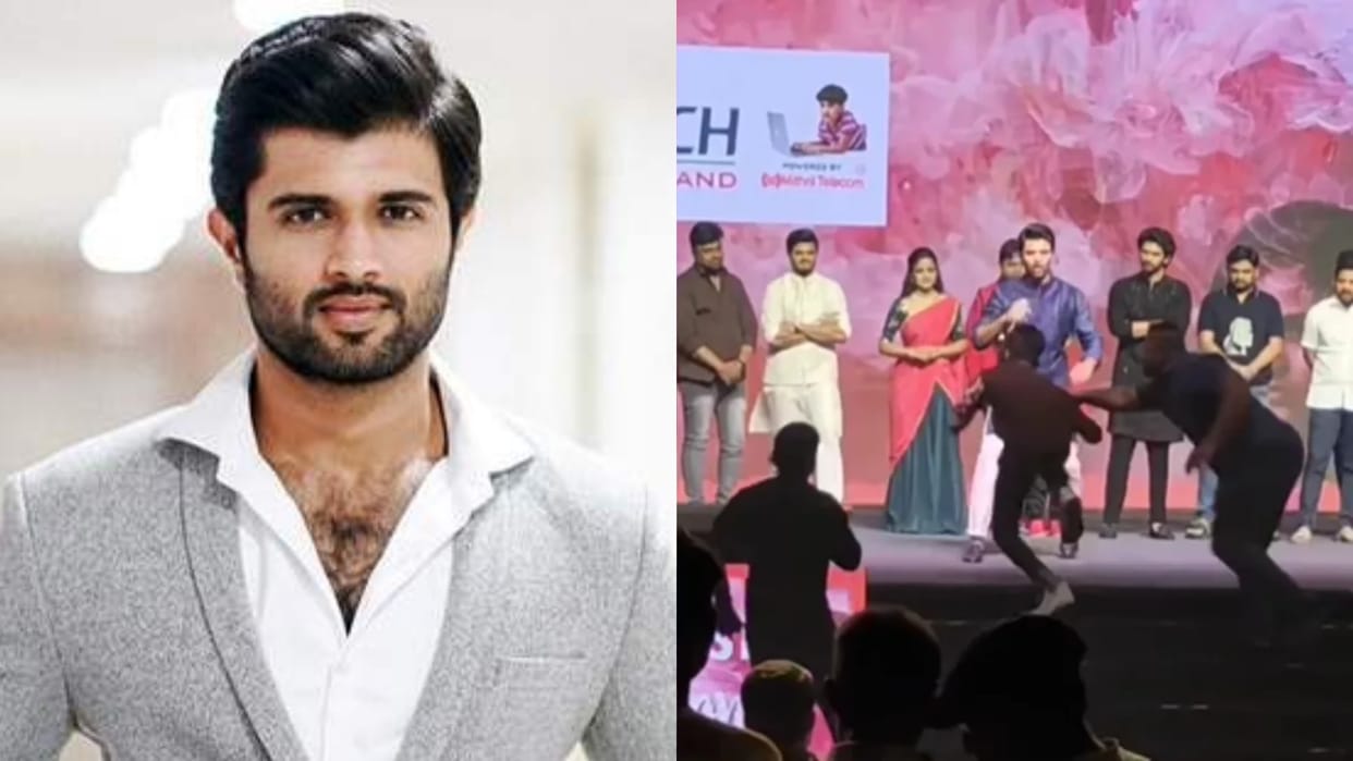 Vijay Deverakonda crazy fan tries to touch his feet on stage actor scared video goes viral on internet