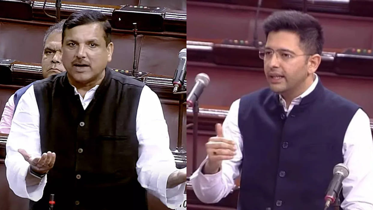 Parliament Monsoon Session: RS chairman Dhankhar schooled aap mps Raghav Chadha and Sanjay Singh