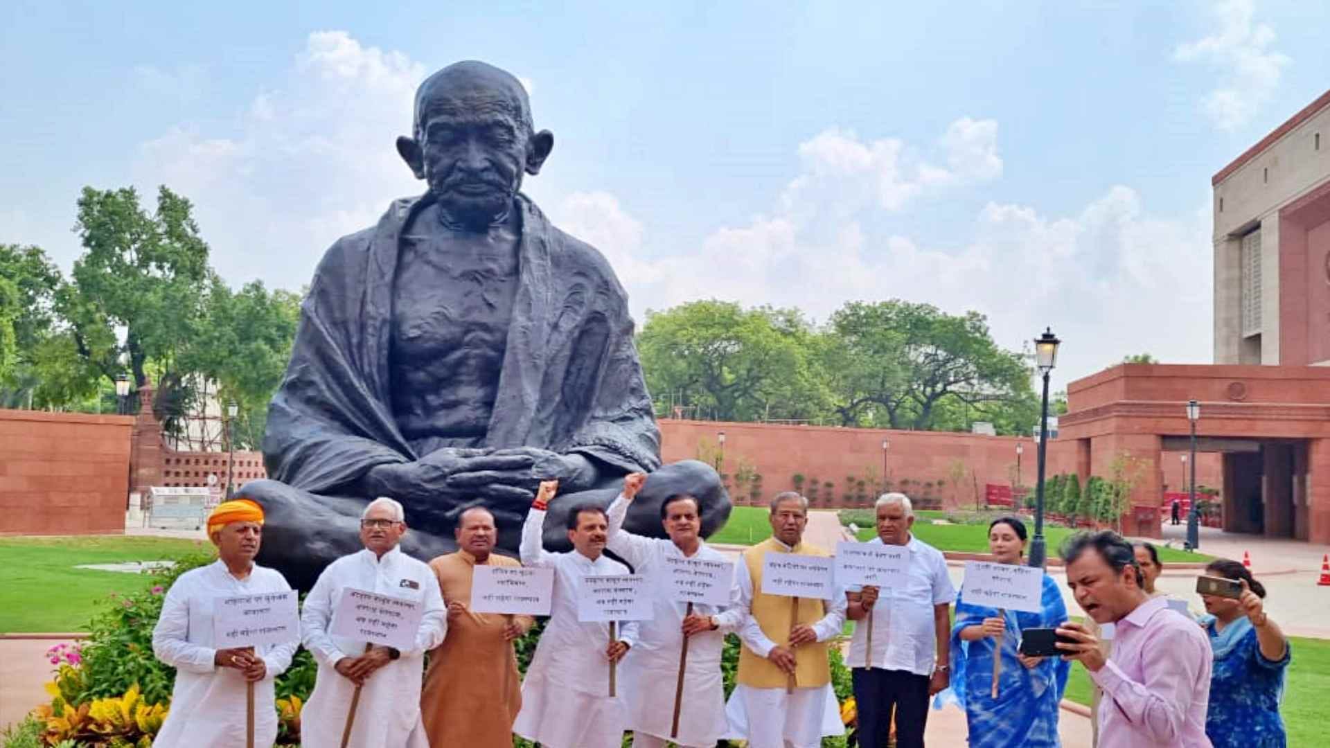 दिल्ली में प्रदर्शन करते सांसद।