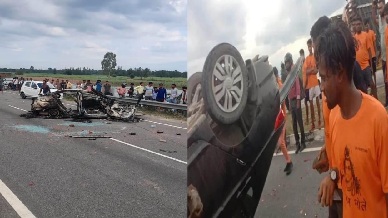 Dumper crushes Kanwariyas two killed Angry Kavadis set the car on fire Roorkee Uttarakhand news
