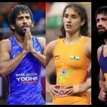 बाएं से- बजरंग, विनेश, रवि और अंतिम