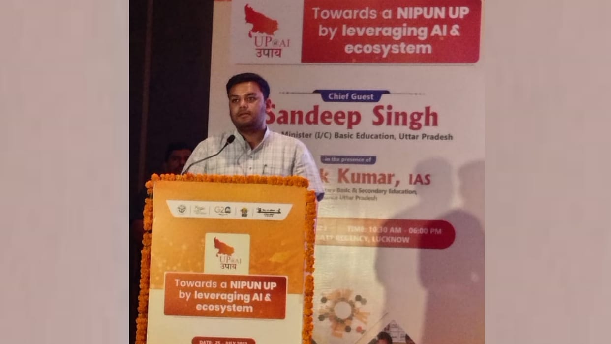 UP Minister Sandeep Singh speaks in a workshop in Lucknow.