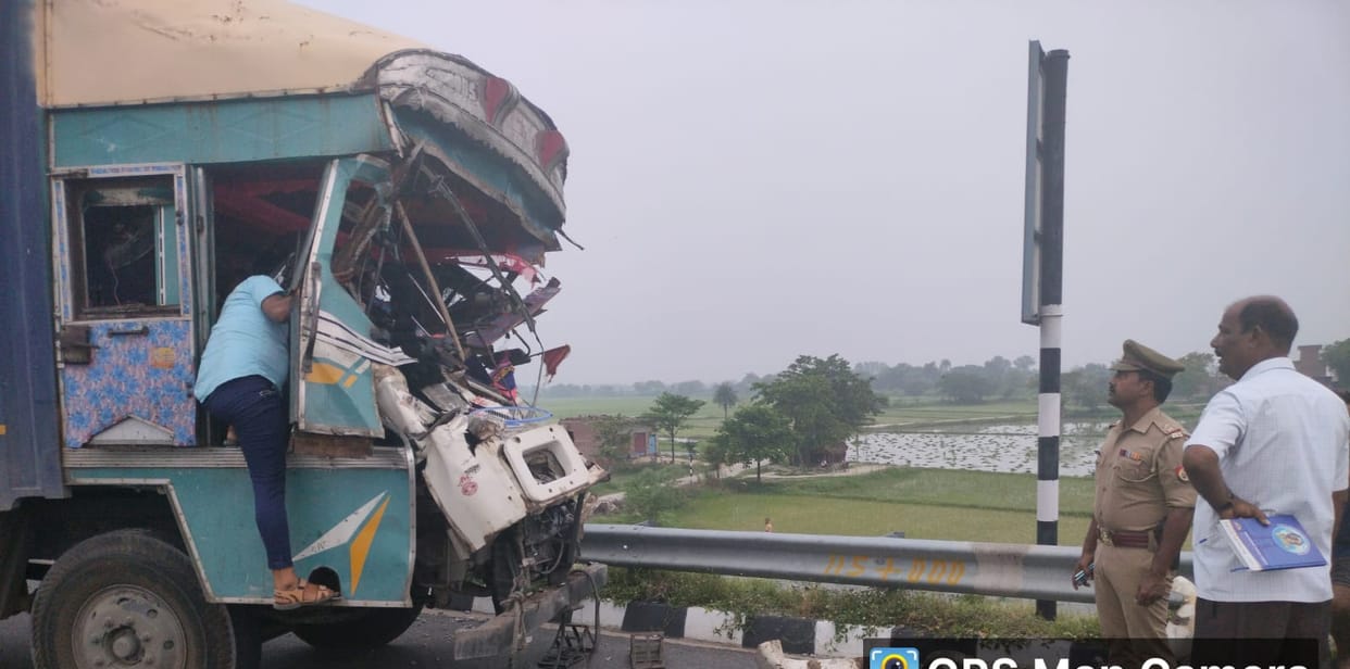 Container rammed into unknown vehicle from behind, driver trapped in cabin, painful death, body sent for postm