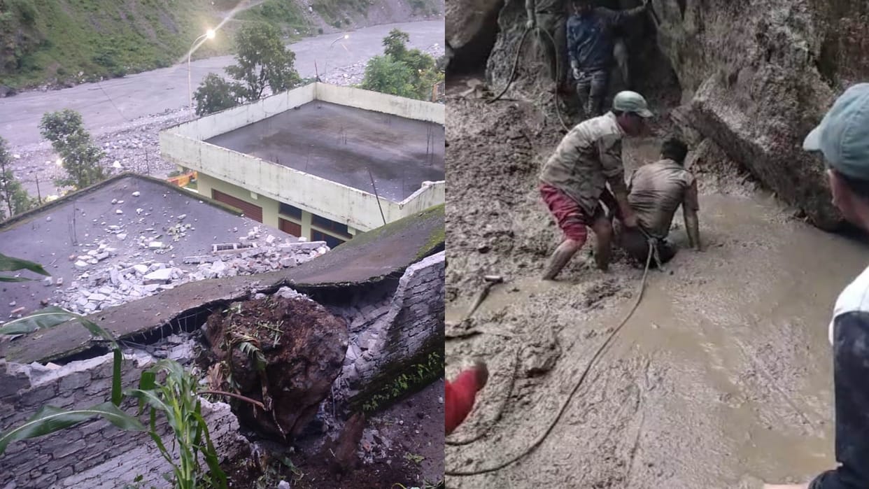 Uttarakhand Weather Pithoragarh huge boulder fell on house owner narrowly escaped JE trapped in swamp