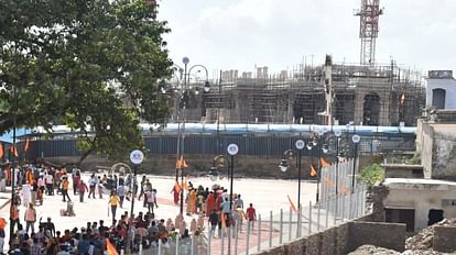 The grand ayodhya Ram temple is visible from janmabhoomi path