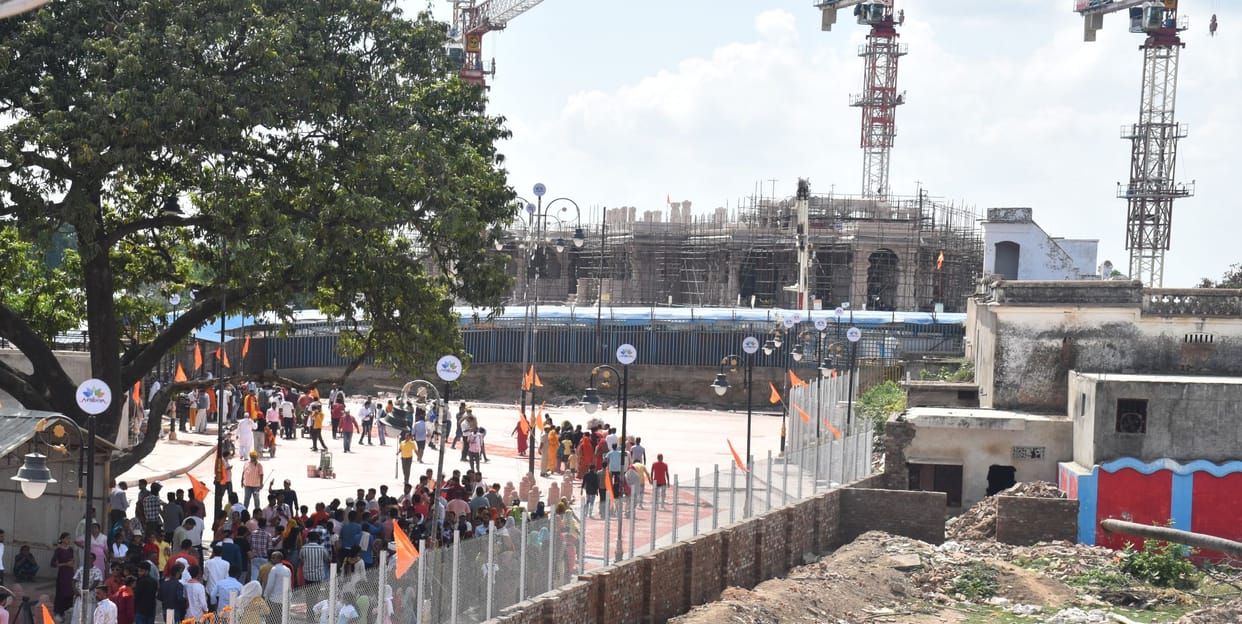 The grand ayodhya Ram temple is visible from janmabhoomi path