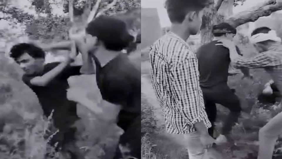 five boys together beat up lonely boy with kicks and punches In Mainpuri