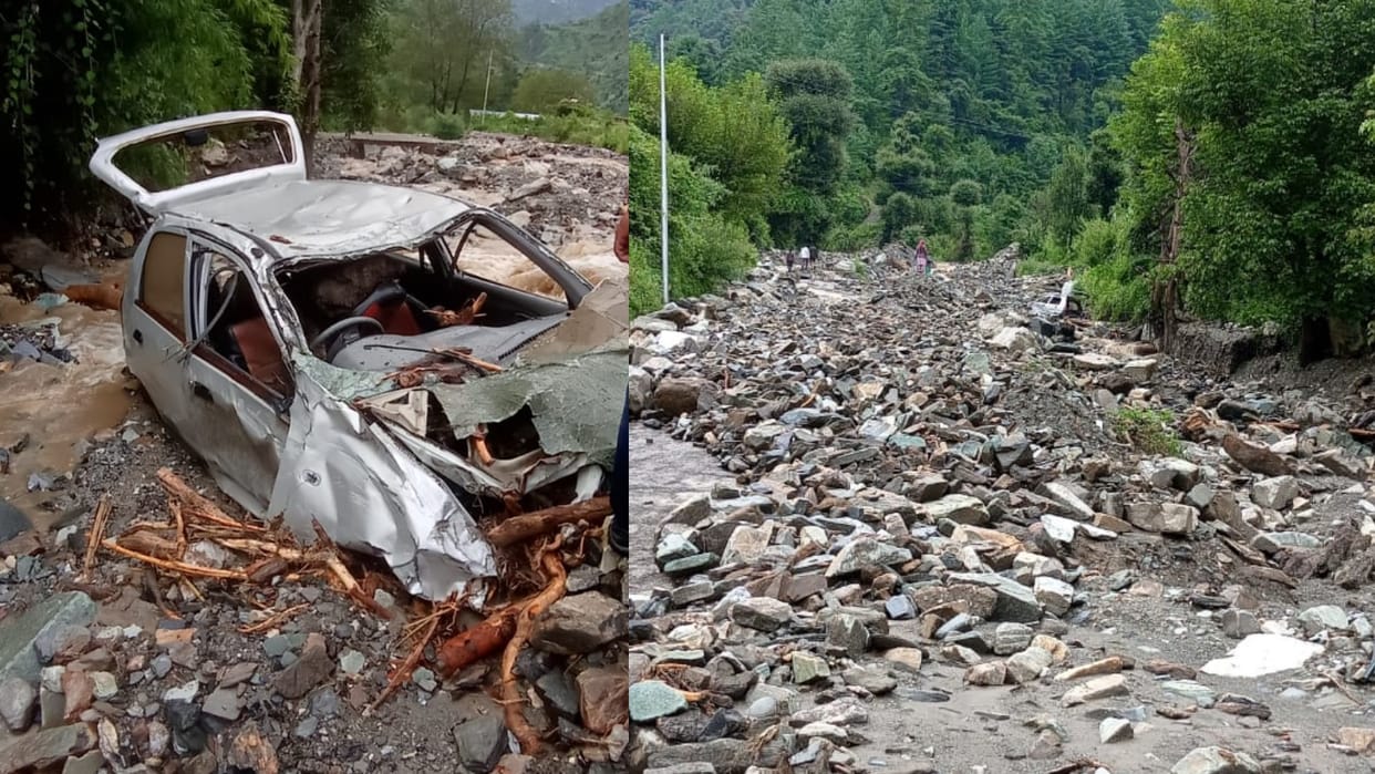 kullu flash floods news: car washed away in flash floods today