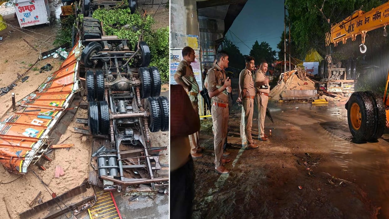 Uncontrolled truck fell down from overbridge in deoria
