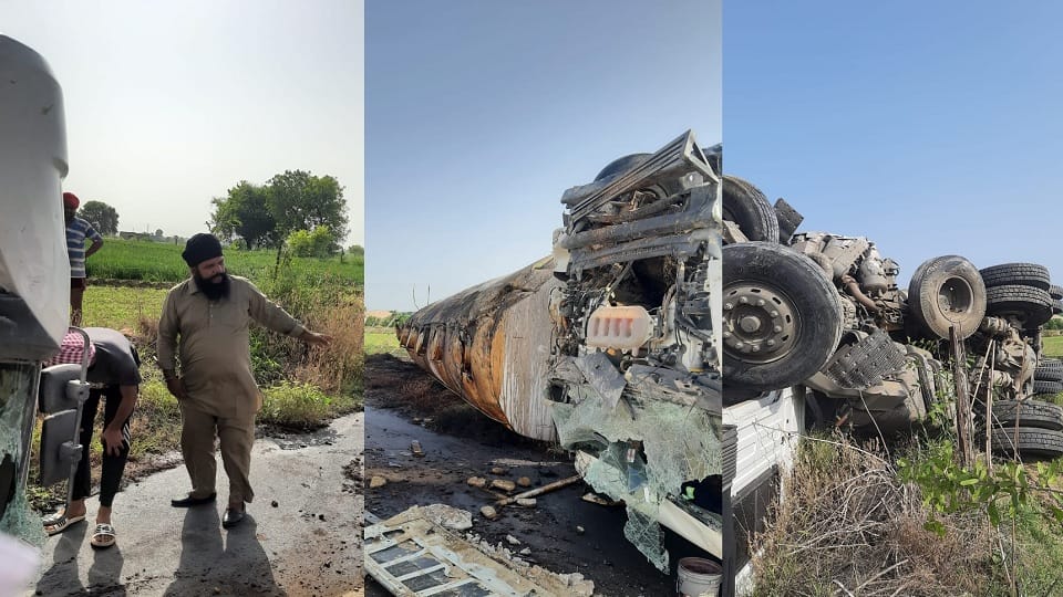 Truck full of black oil overturned near Vaidwala in Sirsa, accident occurred due to bursting of front tire