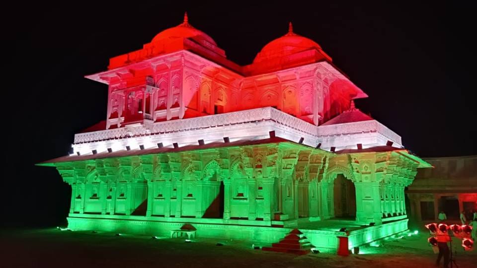 Historical buildings lit up with tricolor on eve of Independence Day in Agra