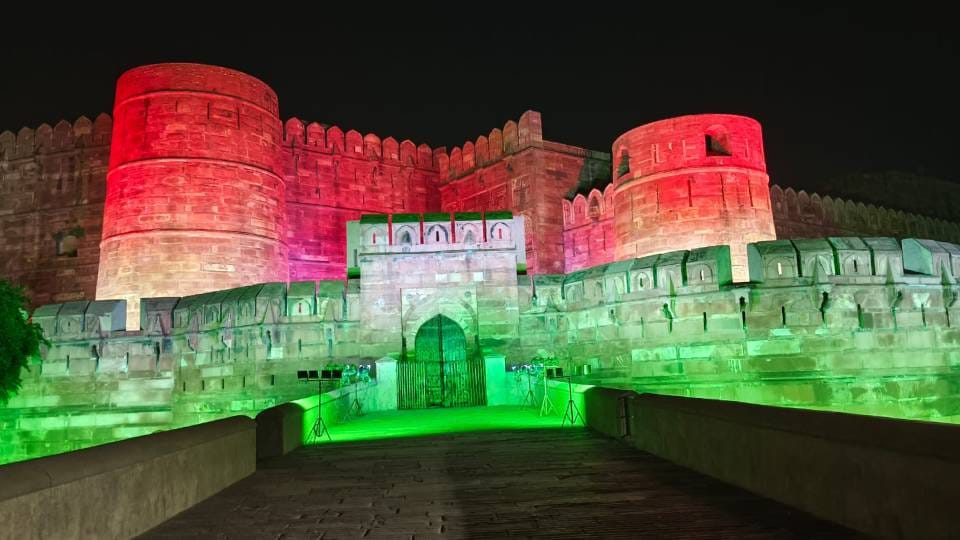 Historical buildings lit up with tricolor on eve of Independence Day in Agra