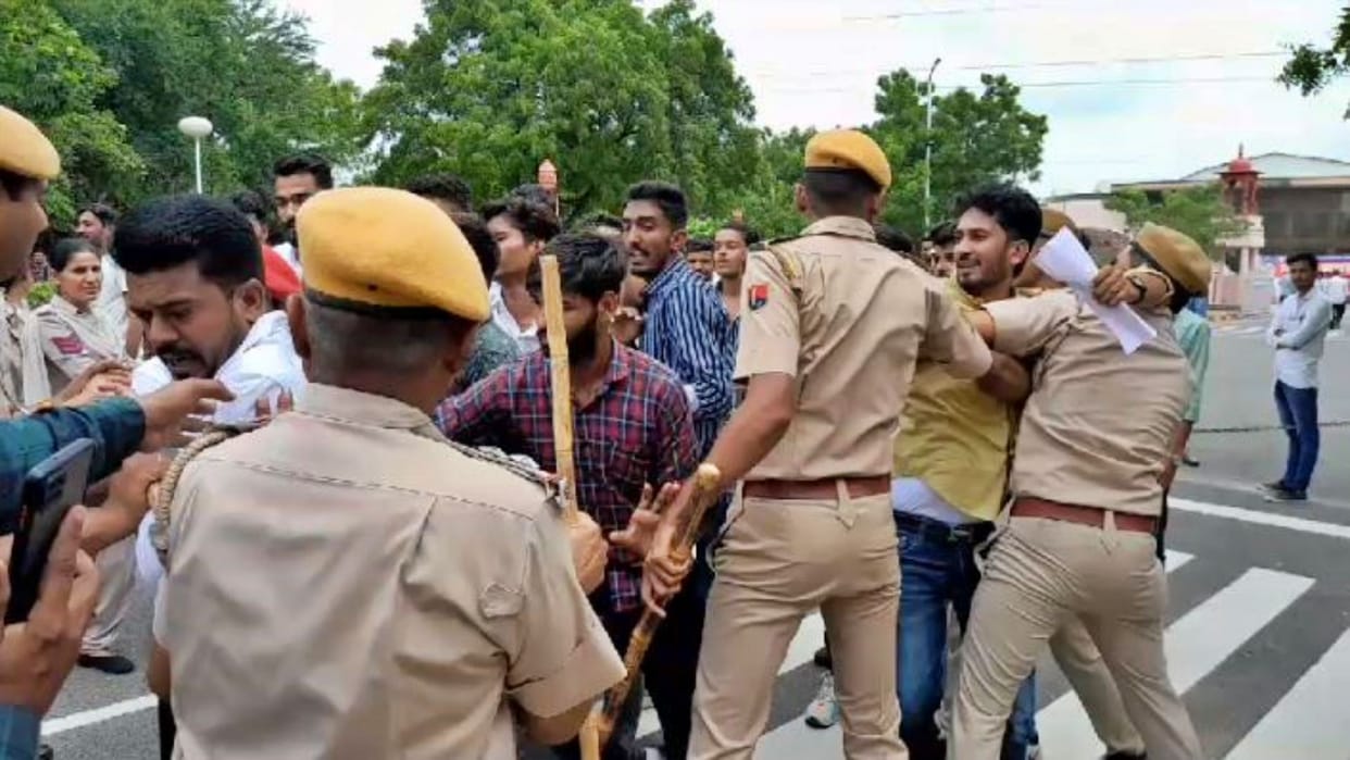 Student leaders demonstrated outside MDS University in Ajmer