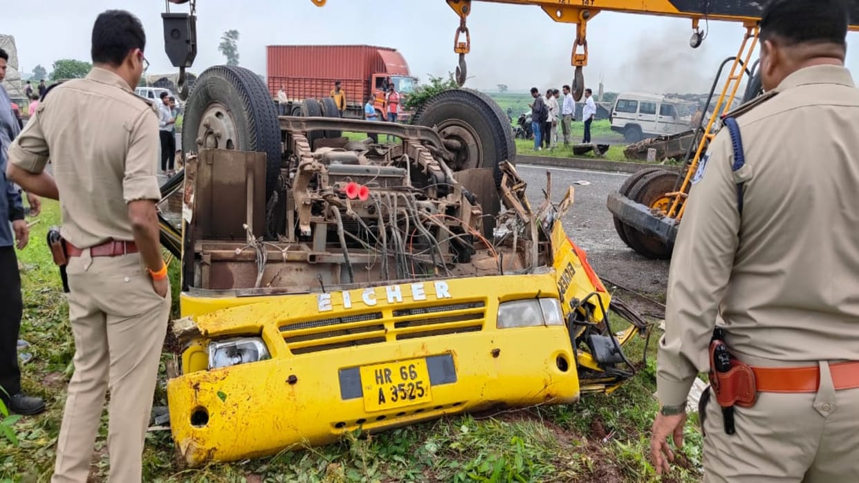 Dhar Road Accident Bus full of employees and laborers collided with truck after tire burst one died