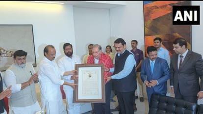 Industrialist Ratan Tata was conferred with the Udyog Ratna award at his residence by Shinde and Dy CMs