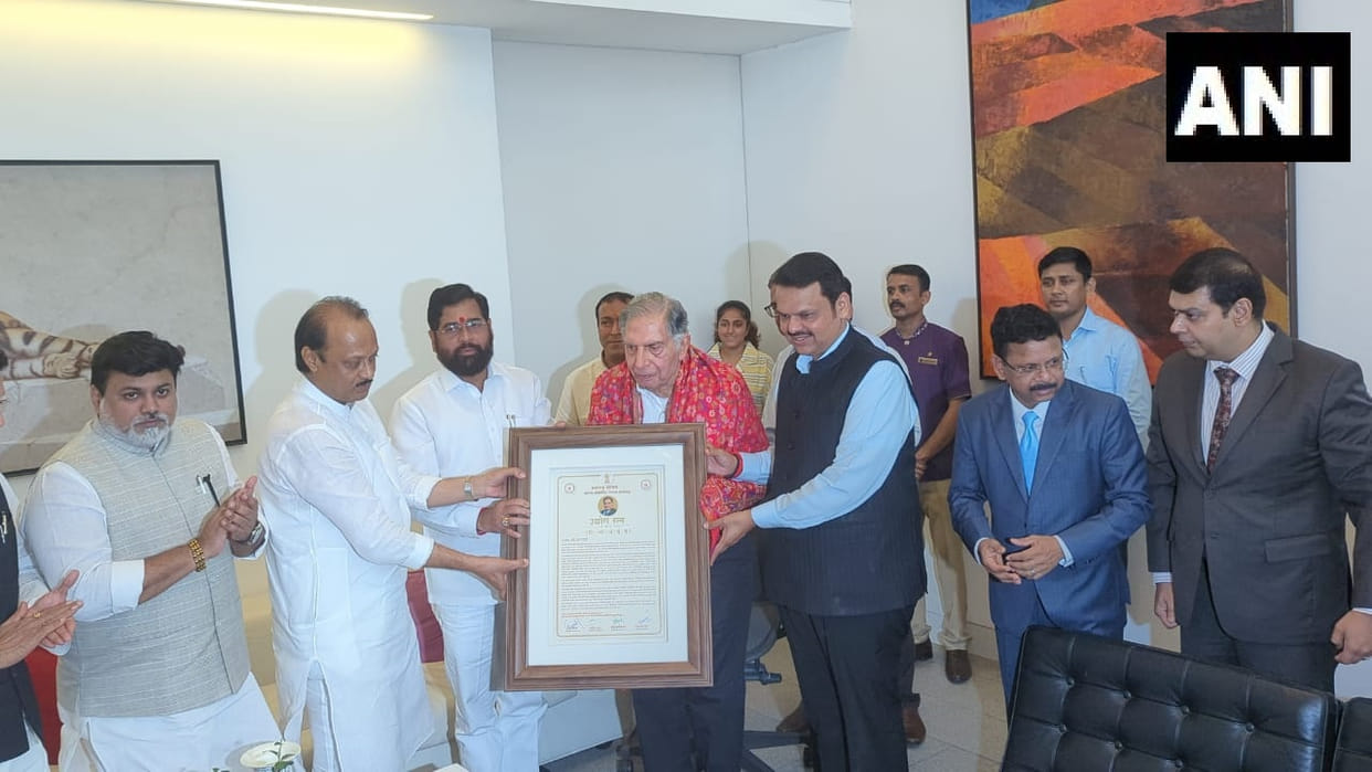 Industrialist Ratan Tata was conferred with the Udyog Ratna award at his residence by Shinde and Dy CMs