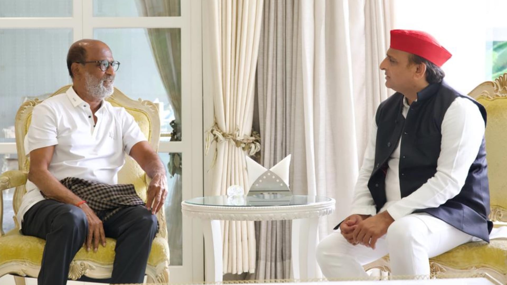 Actor Rajnikanth meets to Samajwadi Party leader Akhilesh Yadav.
